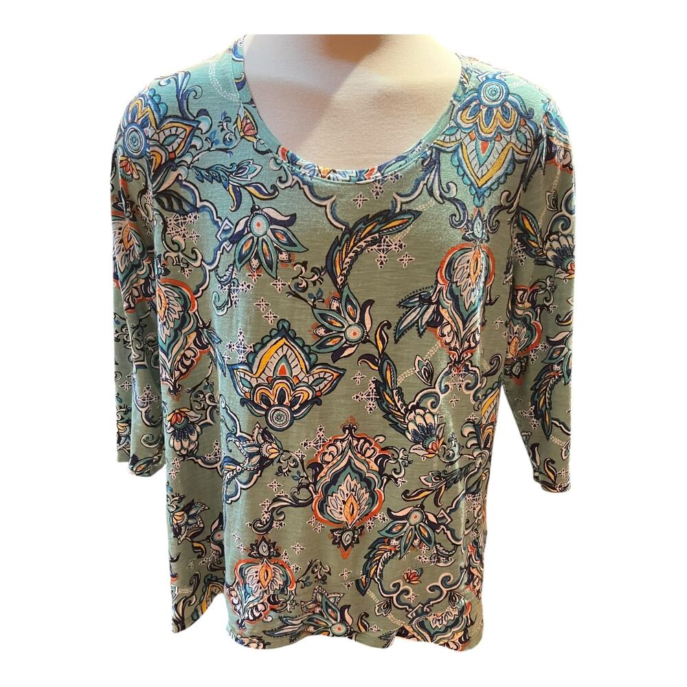 Chico’s Size 3 Green Floral Print Tunic Top Size 3 Loose Fit Stretch Blouse
